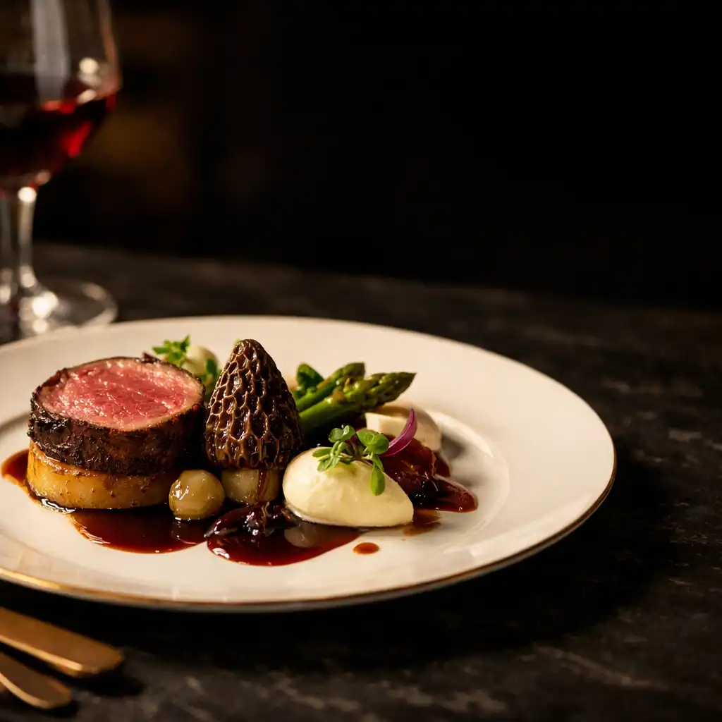 Assiette de gastronomie française raffinée sur une table sombre