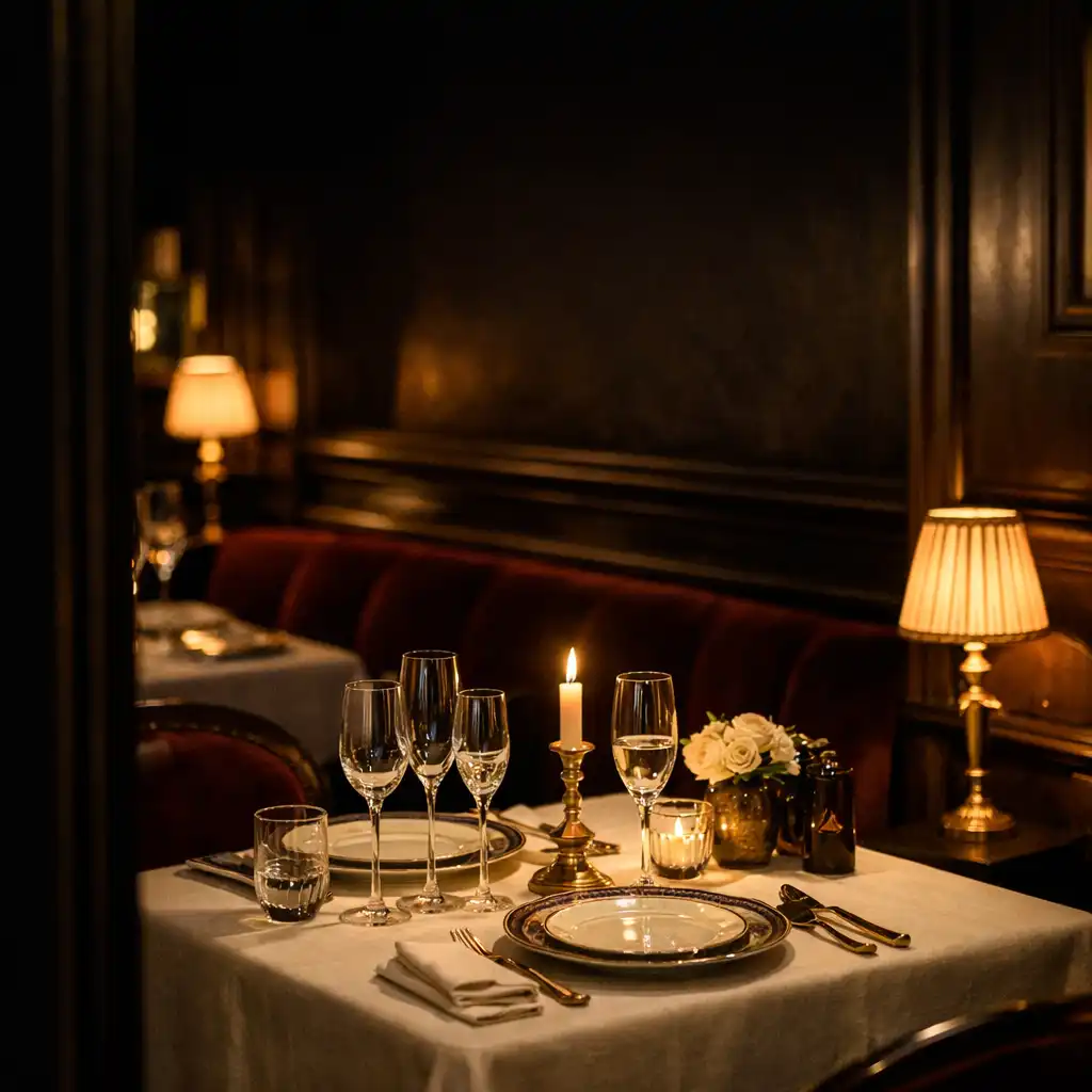 Salle à manger parisienne élégante avec table dressée et lumière chaude