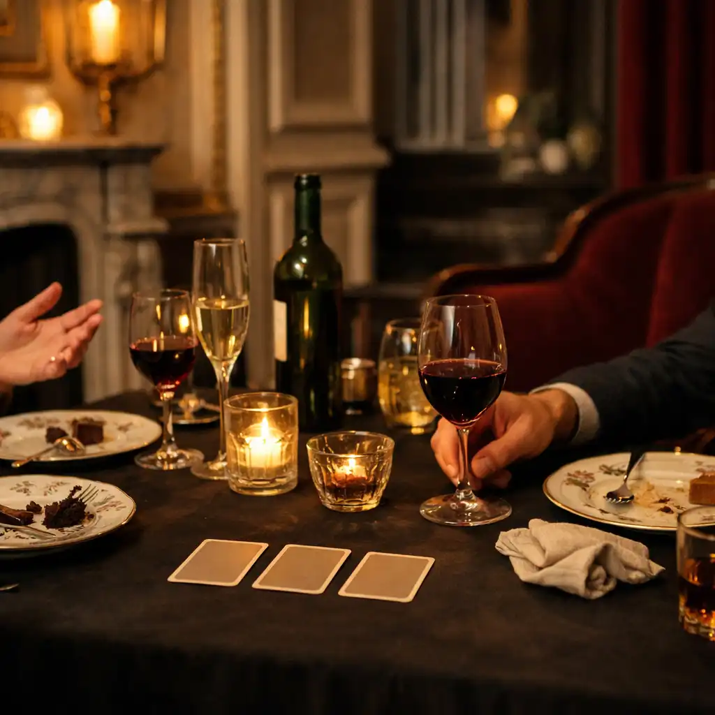 Table de dîner dans un salon privé avec cartes neutres et convives en conversation