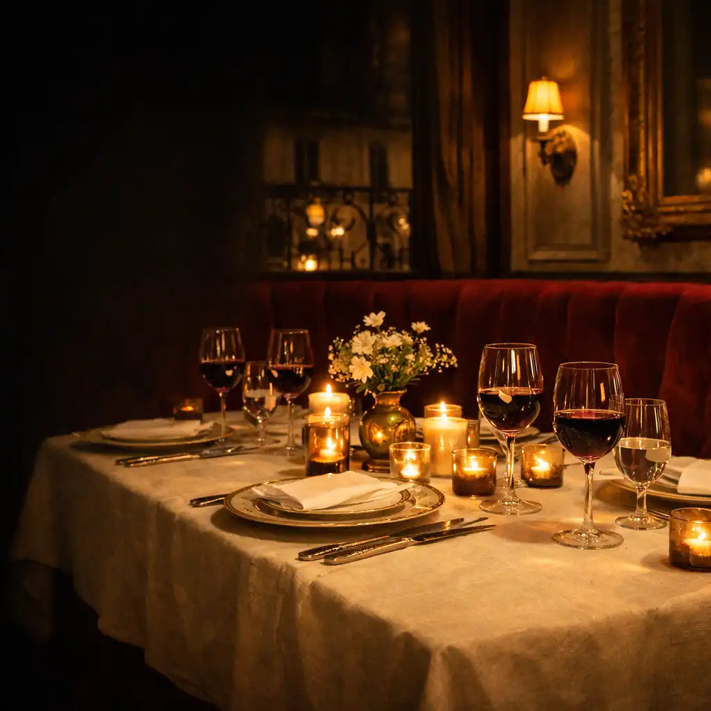 Table élégamment dressée pour un dîner événementiel dans un restaurant parisien feutré