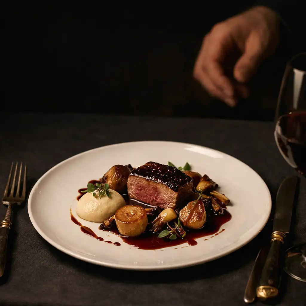 Plat français gastronomique dressé sur une table de restaurant parisien