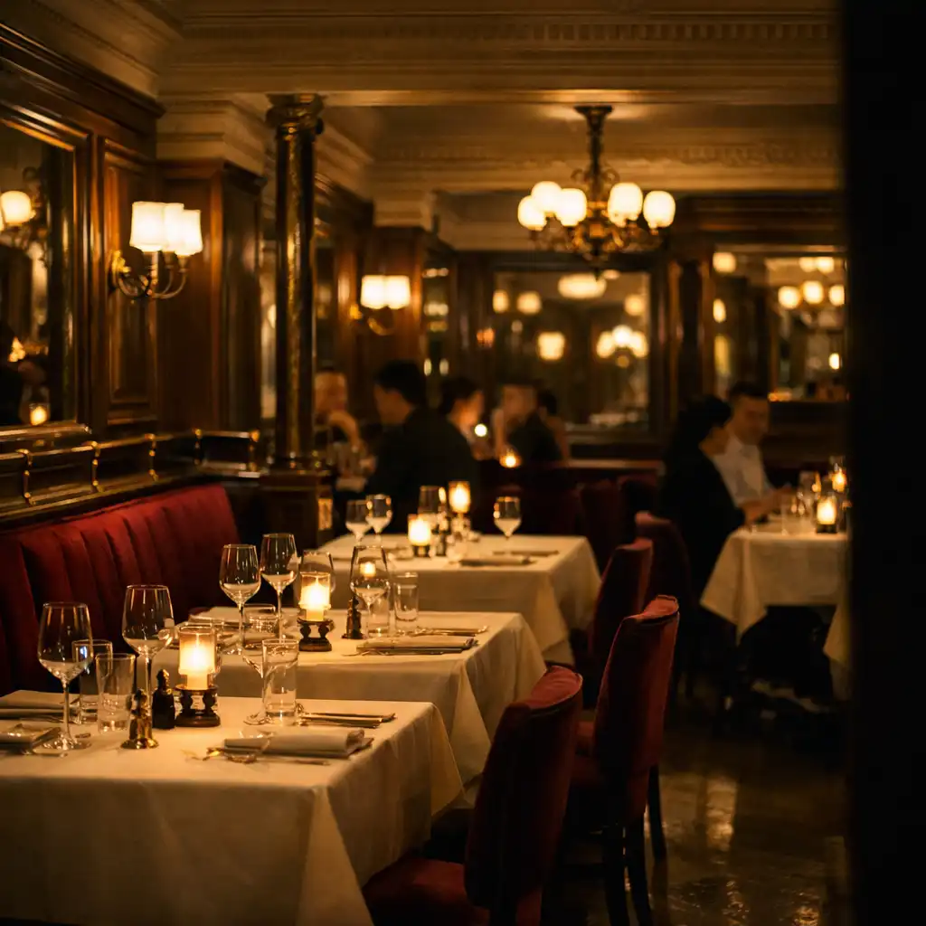 Salle de restaurant parisien dressée pour le soir