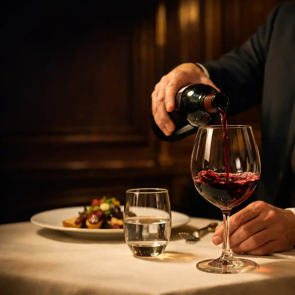 Service de vin rouge à table dans un restaurant parisien raffiné