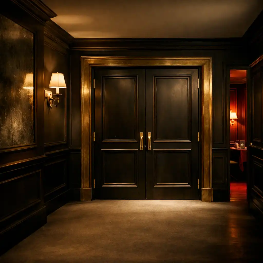 Couloir feutré menant à des portes de salons privés aux détails de laiton