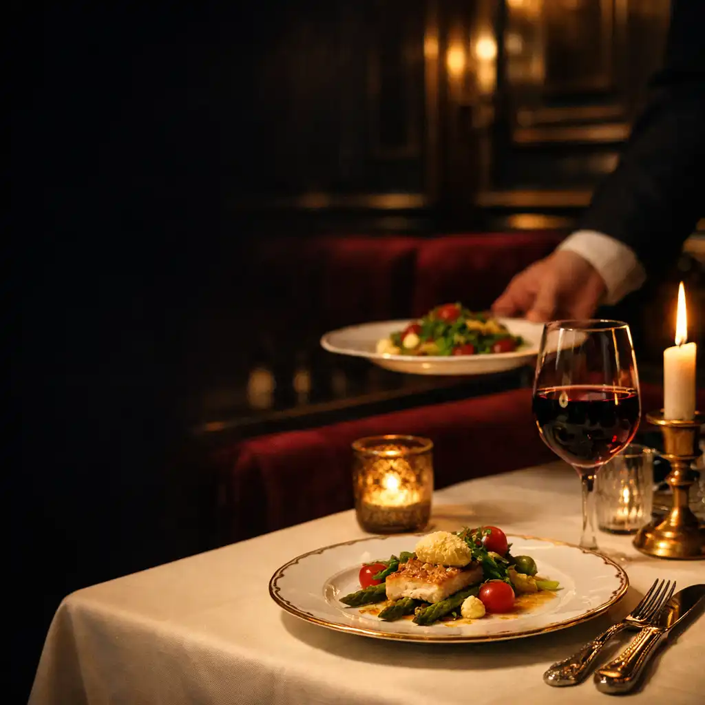 Table de restaurant parisien dressée avec une assiette française et un verre de vin rouge