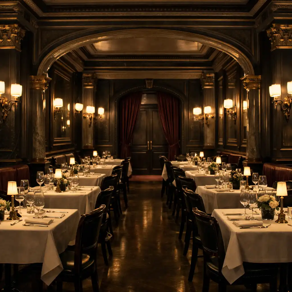 Salle de restaurant parisienne nocturne avec tables dressées et lumière feutrée
