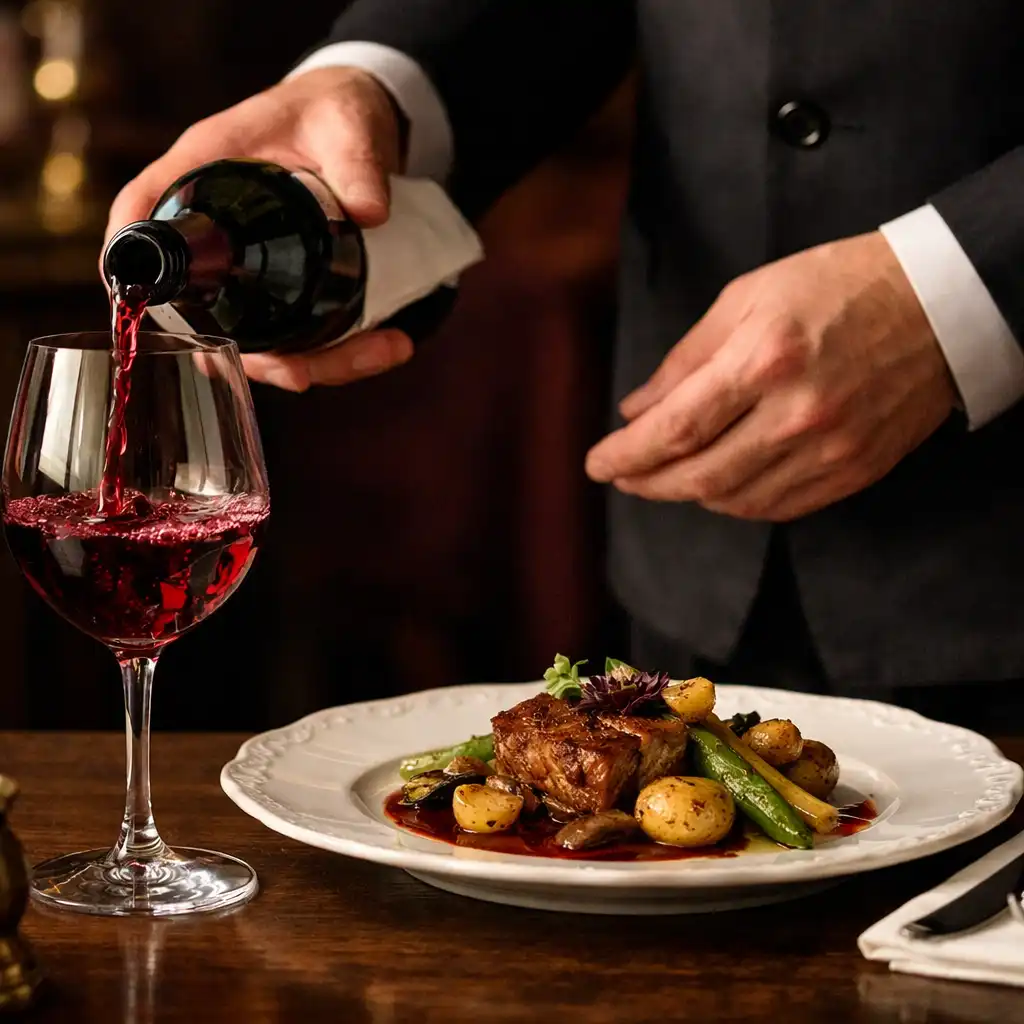 Service de vin rouge dans un verre près d’une assiette française élégante