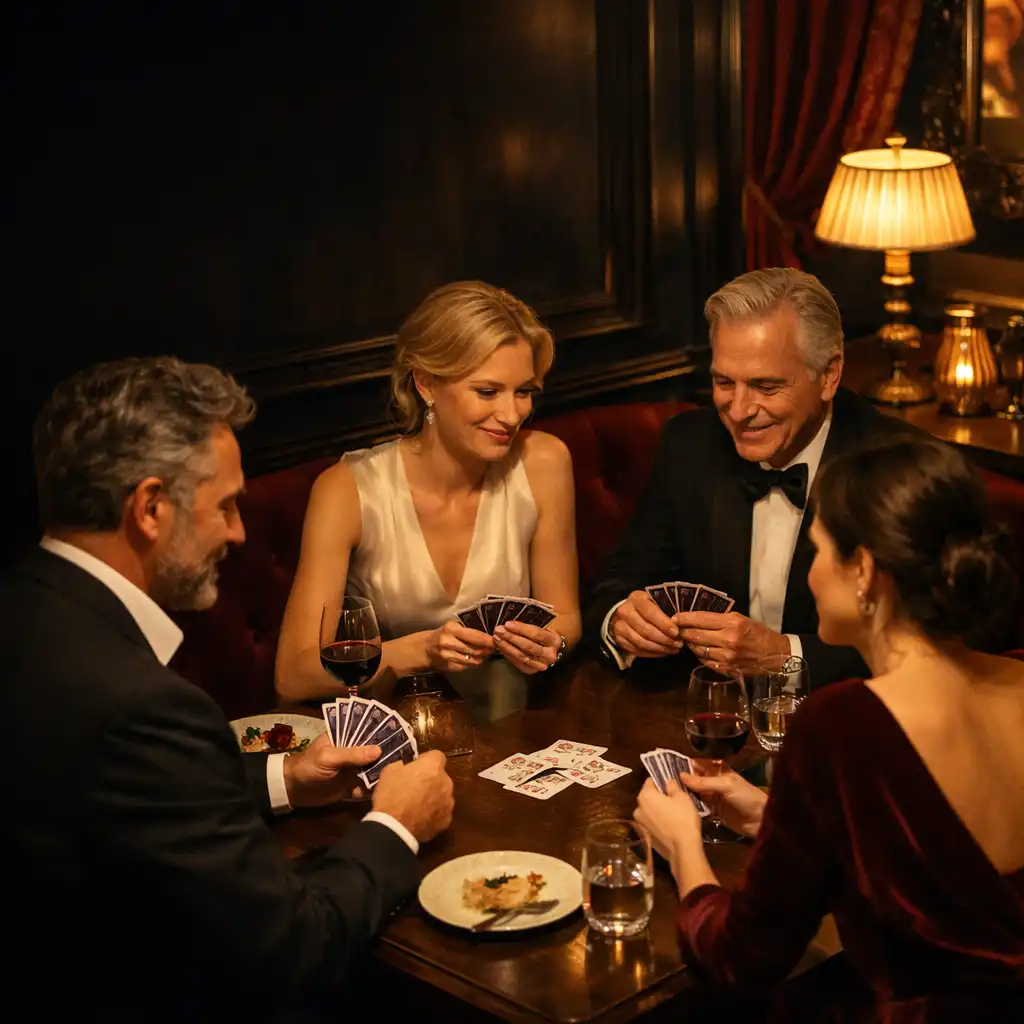 Convives réunis autour d’une table dans un salon privé parisien, après le dîner