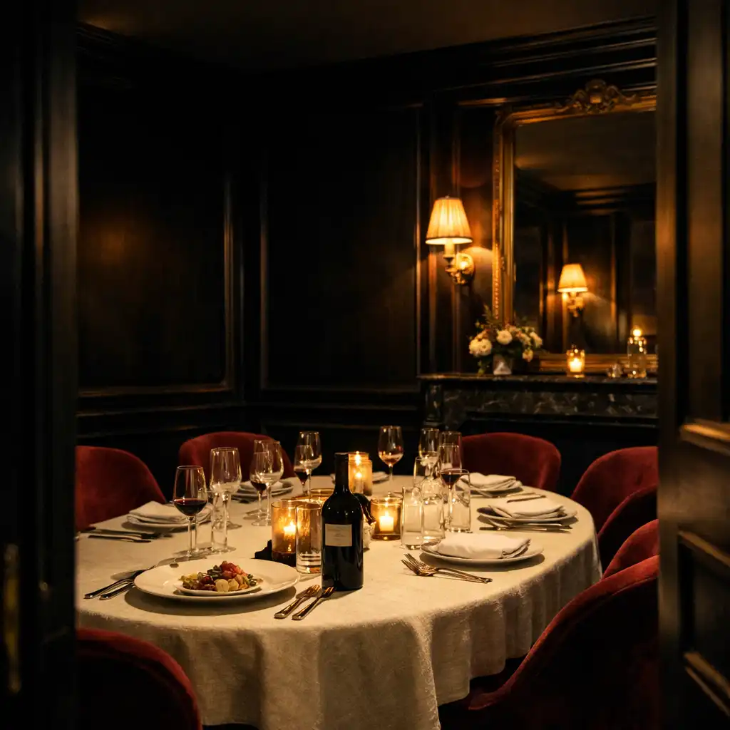 Salon privé élégant avec table nappée, fauteuils bordeaux et lumière chaude