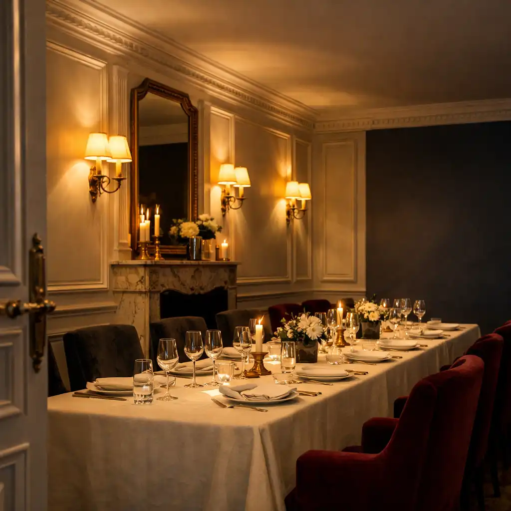 Salon privé parisien préparé avec une longue table dressée et des détails de laiton