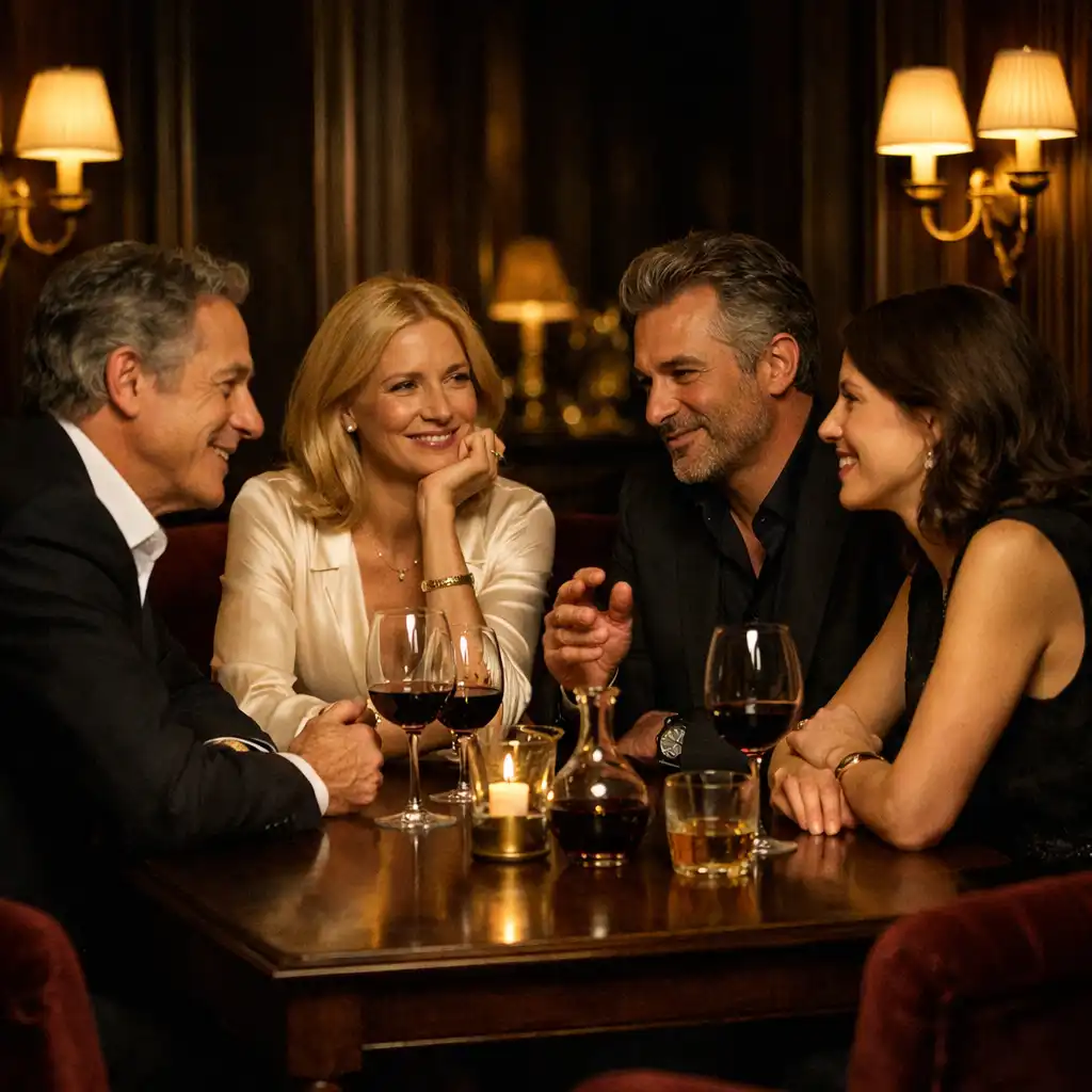 Adultes échangeant dans un salon privé après un dîner, dans une atmosphère conviviale
