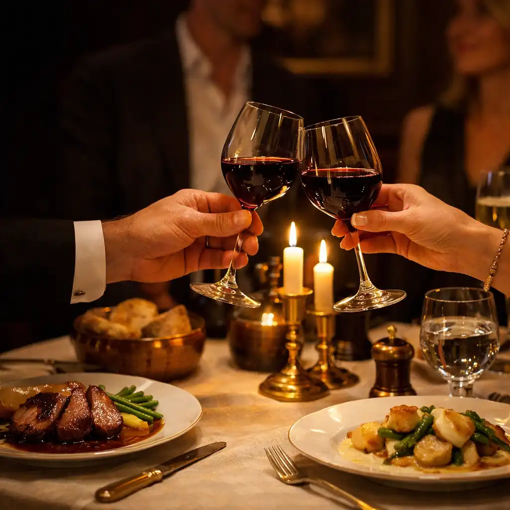 Mains d’adultes autour d’un dîner raffiné, avec verres de vin et assiettes françaises